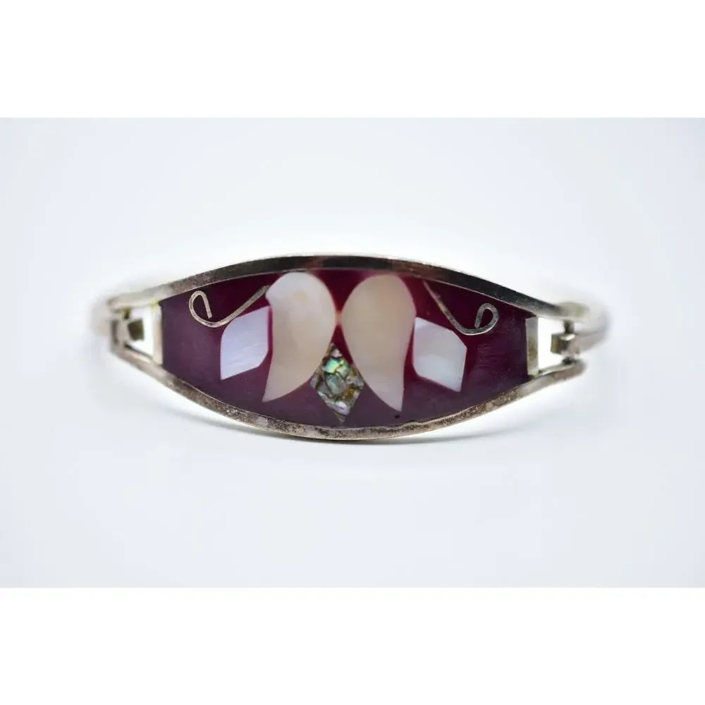 Vintage Bangle Bracelet Mexico Hinged Silver Mother Pearl Inlay Red Enamel Bin2